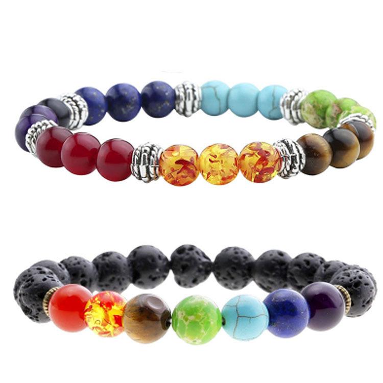 2020 Seven Chakra Alloy Jewelry featuring colorful volcanic stone beads, showcasing a vibrant design perfect for spiritual and fashion use.