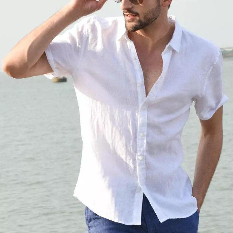 2021 Male Short Sleeve Casual Shirt in various colors with turn-down collar and single-breasted closure, showcasing its stylish design.