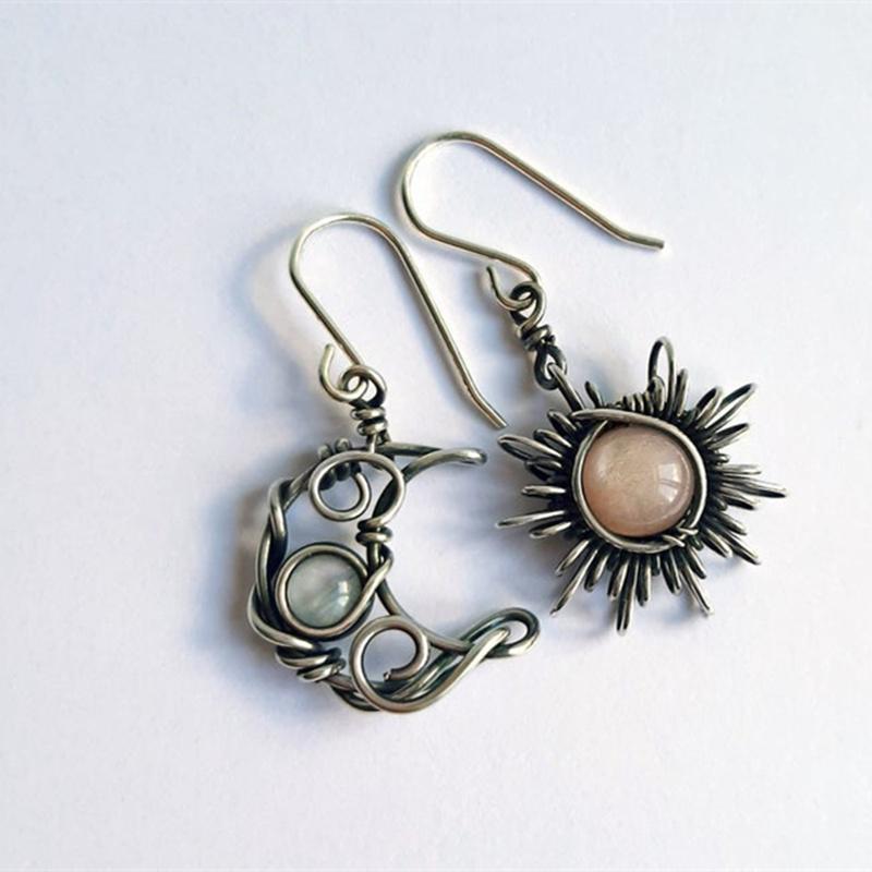 2021 New Bohemian Style Sun Moon Earrings featuring vintage moonstone in an asymmetric design, perfect for women.