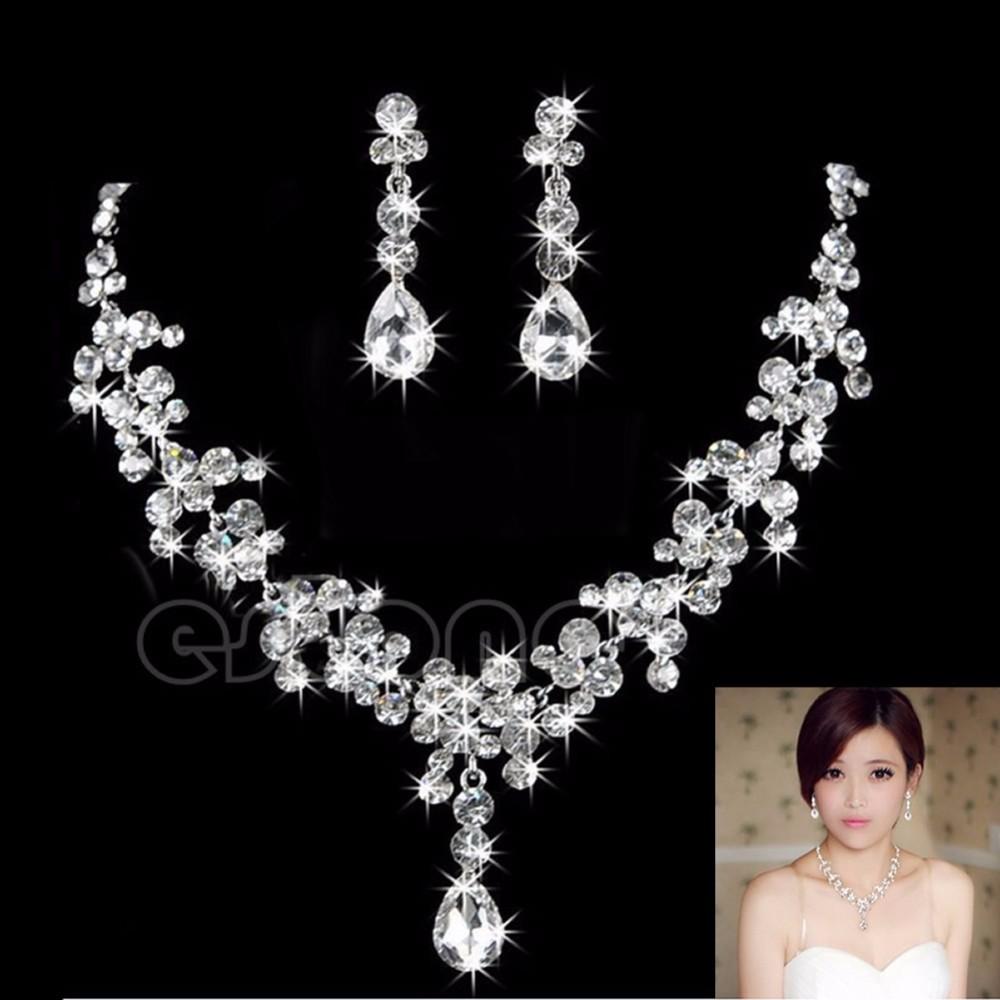 2021 New Women Fashion Bridal Rhinestone Crystal Drop Necklace Earring set featuring elegant rhinestones and a classic design, perfect for weddings.