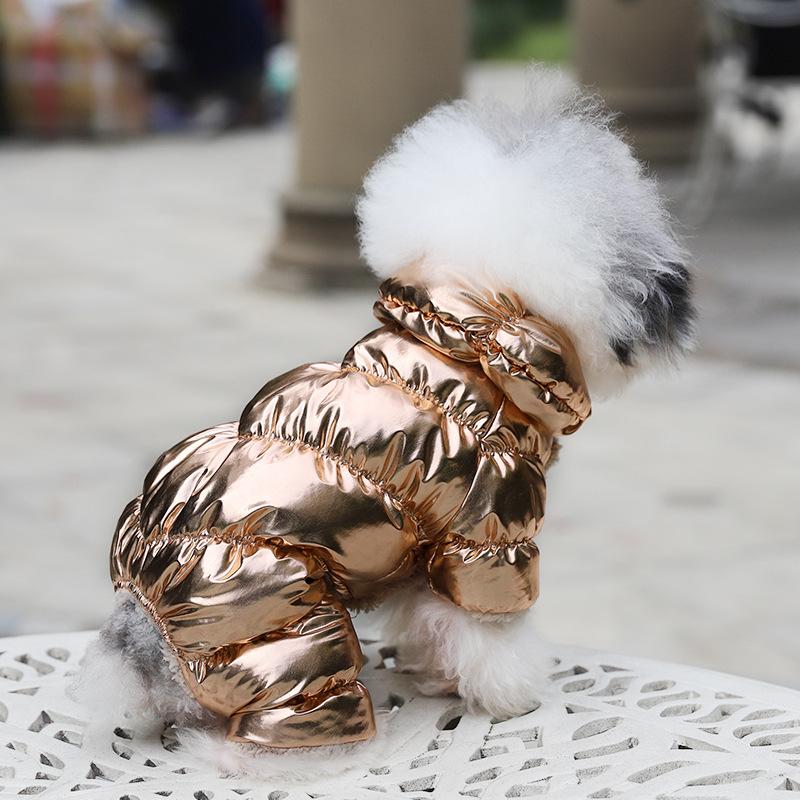 A luxurious winter padded fleece costume for dogs and cats, showcasing a stylish design in golden color, perfect for cold weather.