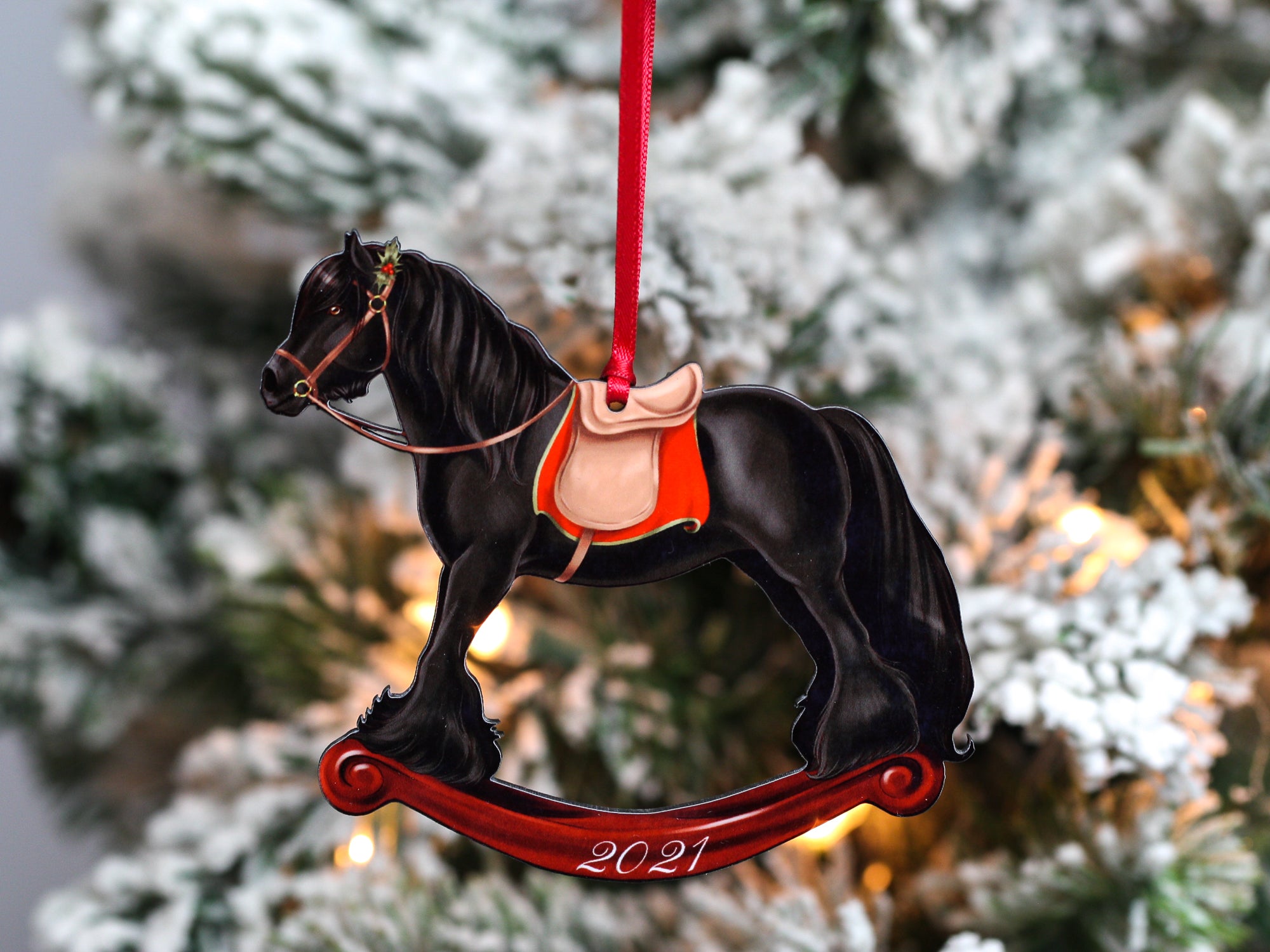 2024 Fell Pony Rocking Horse Christmas Ornament made of composite wood, featuring intricate laser-cut details and a charming design.