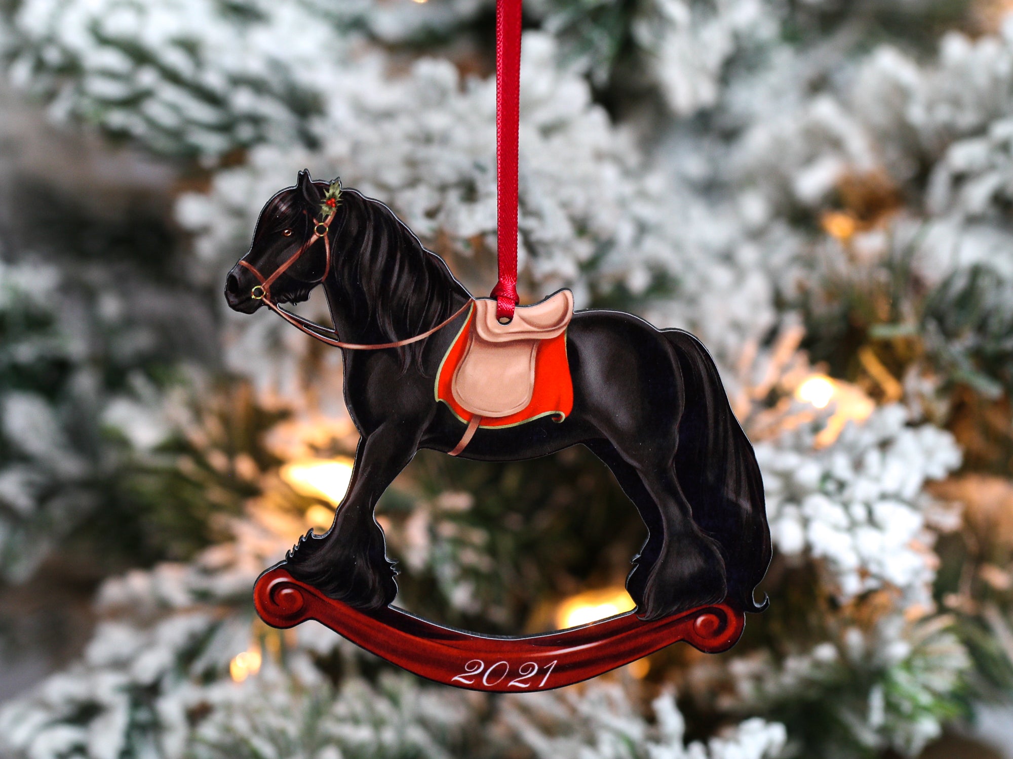 2024 Fell Pony Rocking Horse Christmas Ornament made of composite wood, featuring intricate laser-cut details and a charming design.
