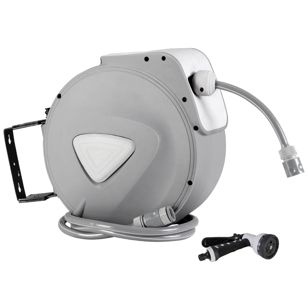 A sleek grey 20M retractable water hose reel mounted on a wall, featuring a spray gun with nine adjustable settings.