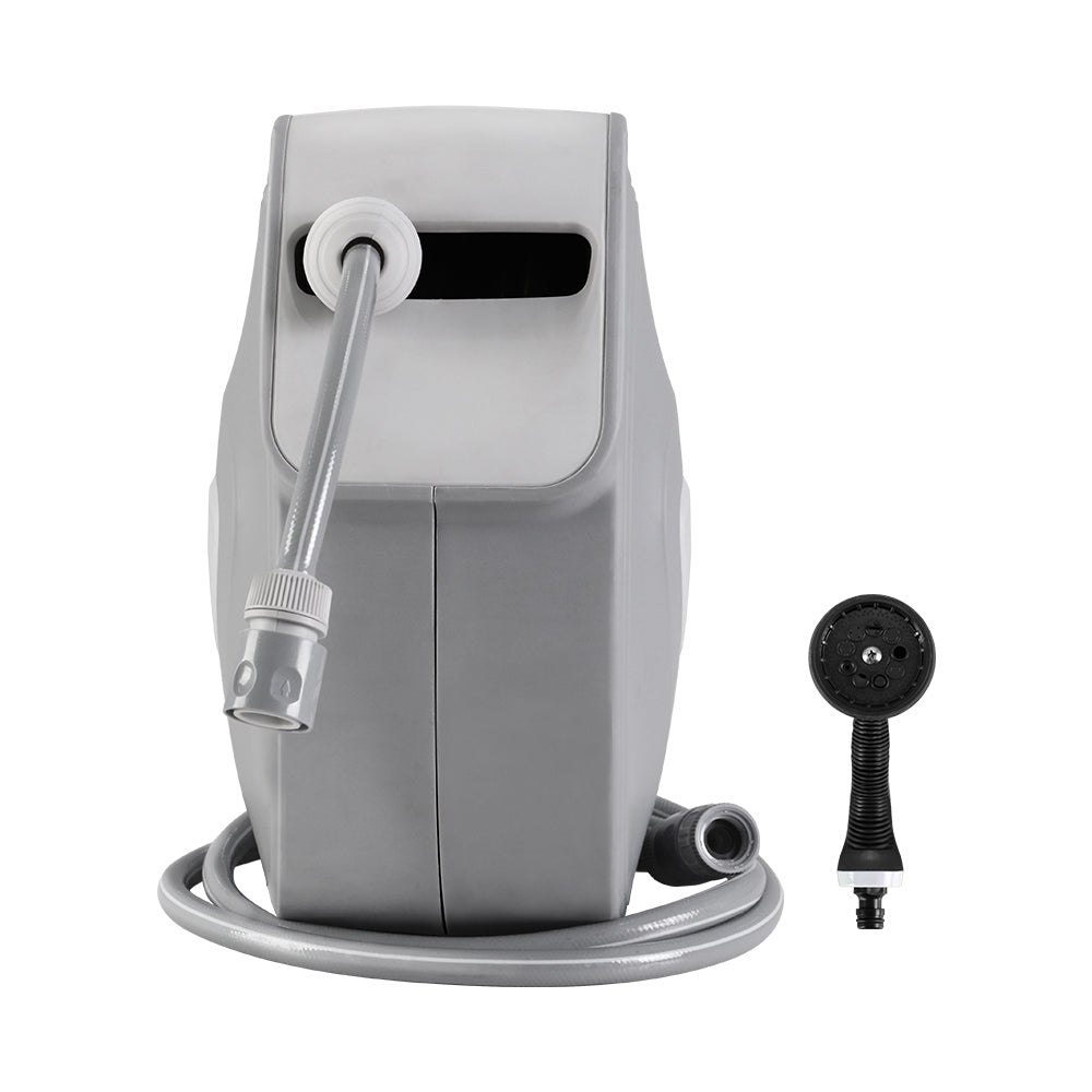 A sleek grey 20M retractable water hose reel mounted on a wall, featuring a spray gun with nine adjustable settings.