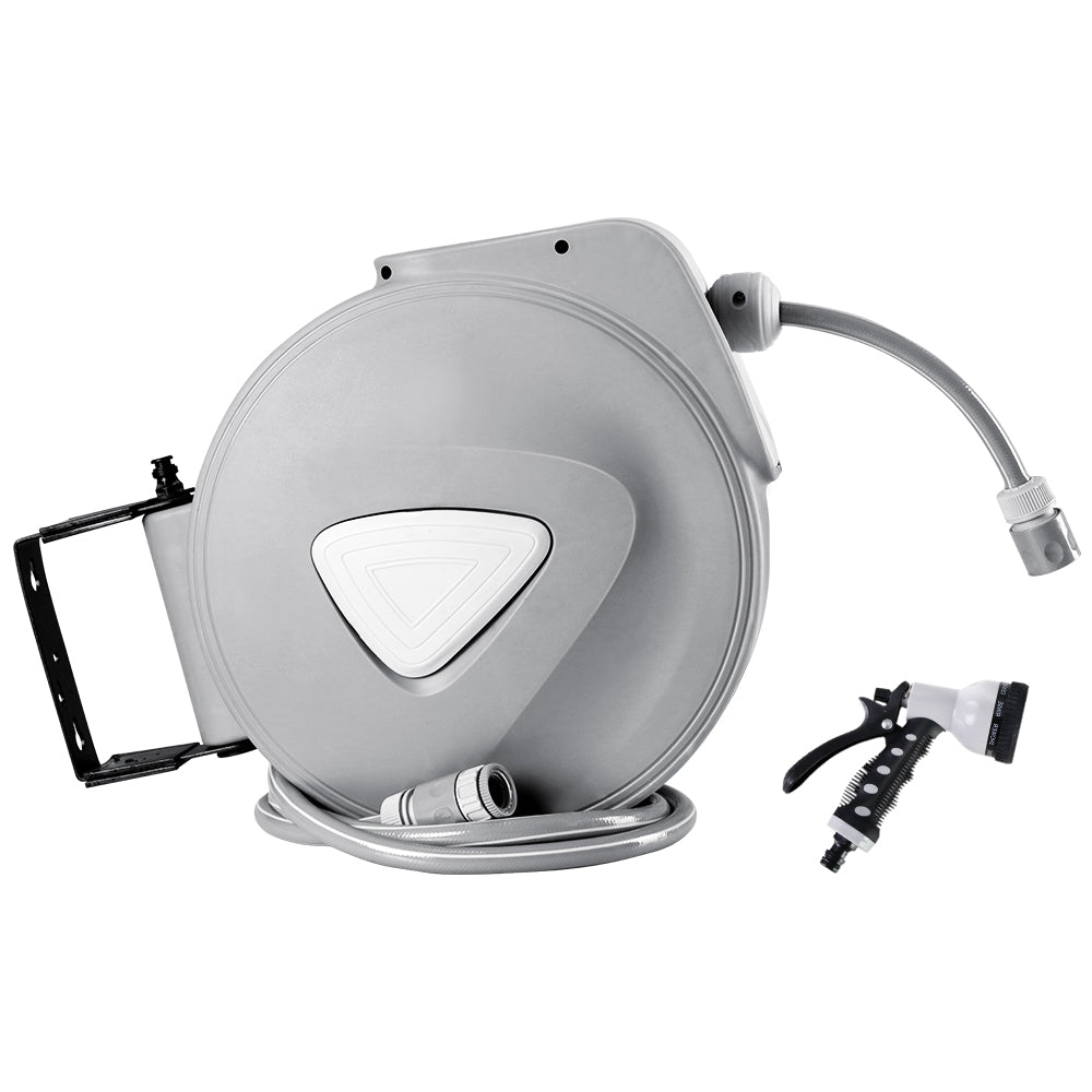 A sleek grey 20M retractable water hose reel mounted on a wall, featuring a spray gun with nine adjustable settings.