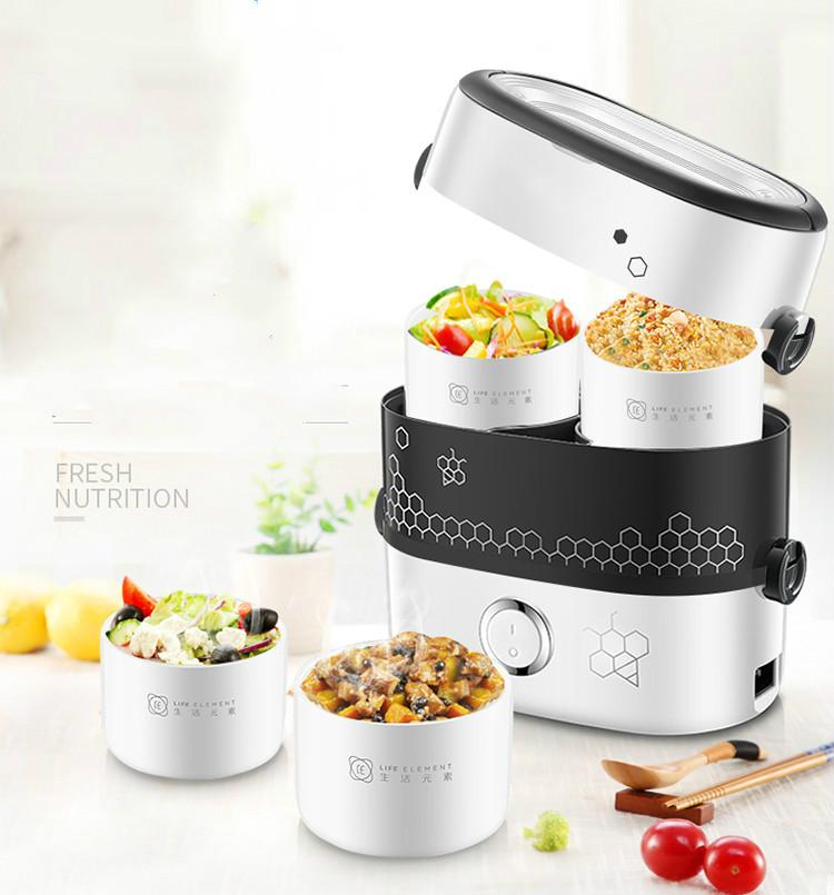 220V 250W Electric Lunch Box Rice Cooker with ceramic liner in white color, ideal for heating and cooking meals on-the-go.