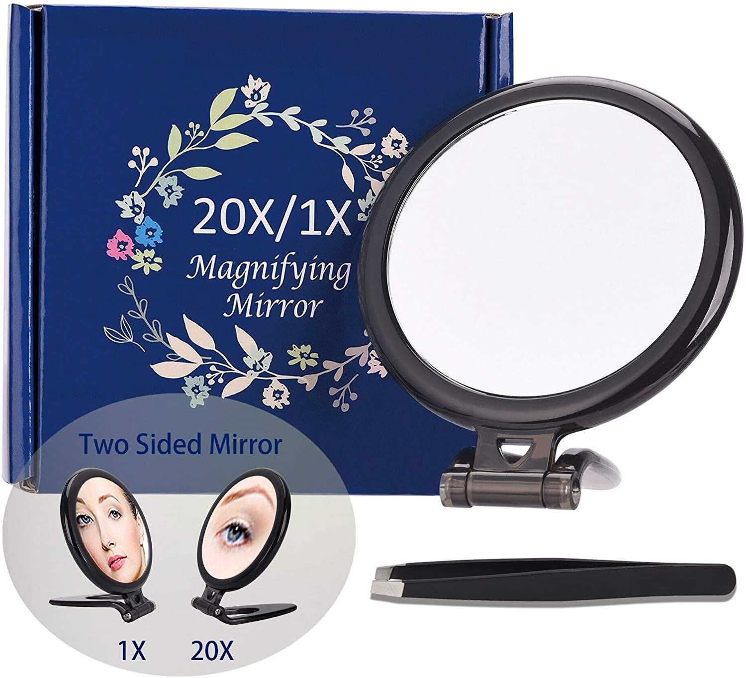 A 20X magnifying hand mirror with a black frame, showcasing two sides: one with 20X magnification and the other with a true image reflection, ideal for makeup application.