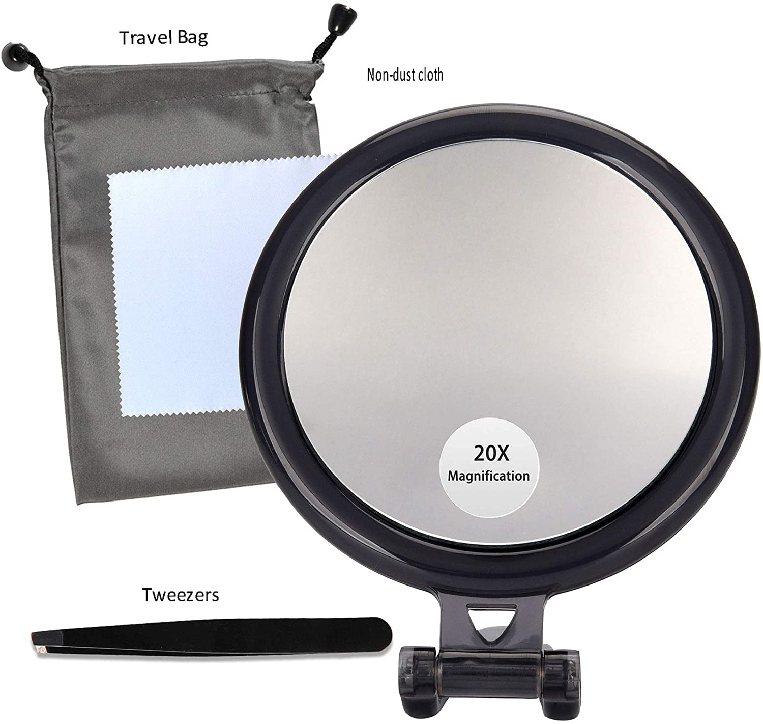A 20X magnifying hand mirror with a black frame, showcasing two sides: one with 20X magnification and the other with a true image reflection, ideal for makeup application.
