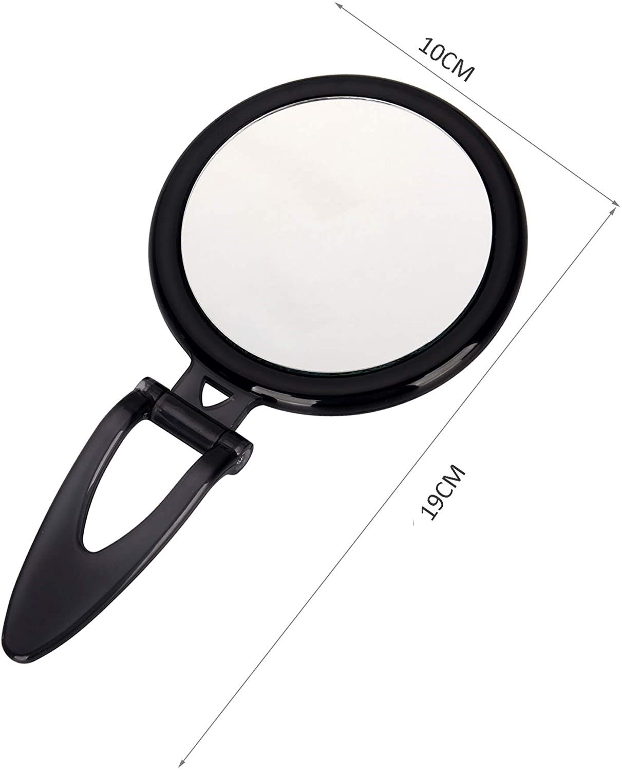 A 20X magnifying hand mirror with a black frame, showcasing two sides: one with 20X magnification and the other with a true image reflection, ideal for makeup application.