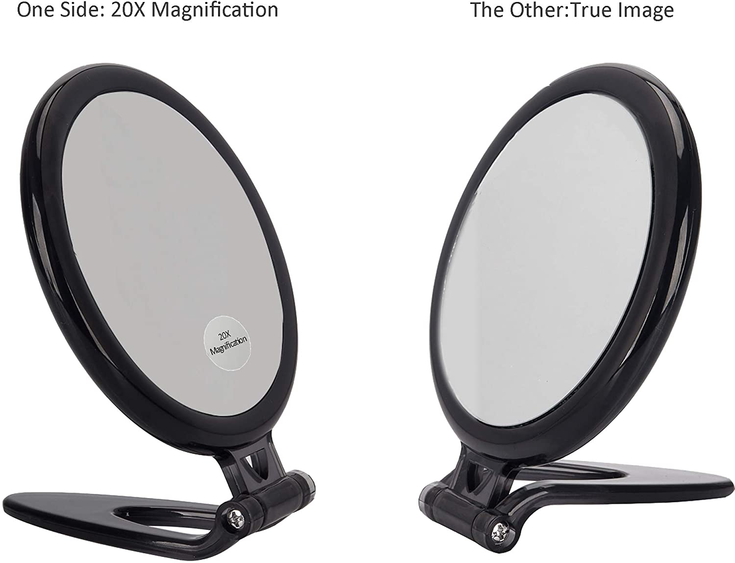 A 20X magnifying hand mirror with a black frame, showcasing two sides: one with 20X magnification and the other with a true image reflection, ideal for makeup application.