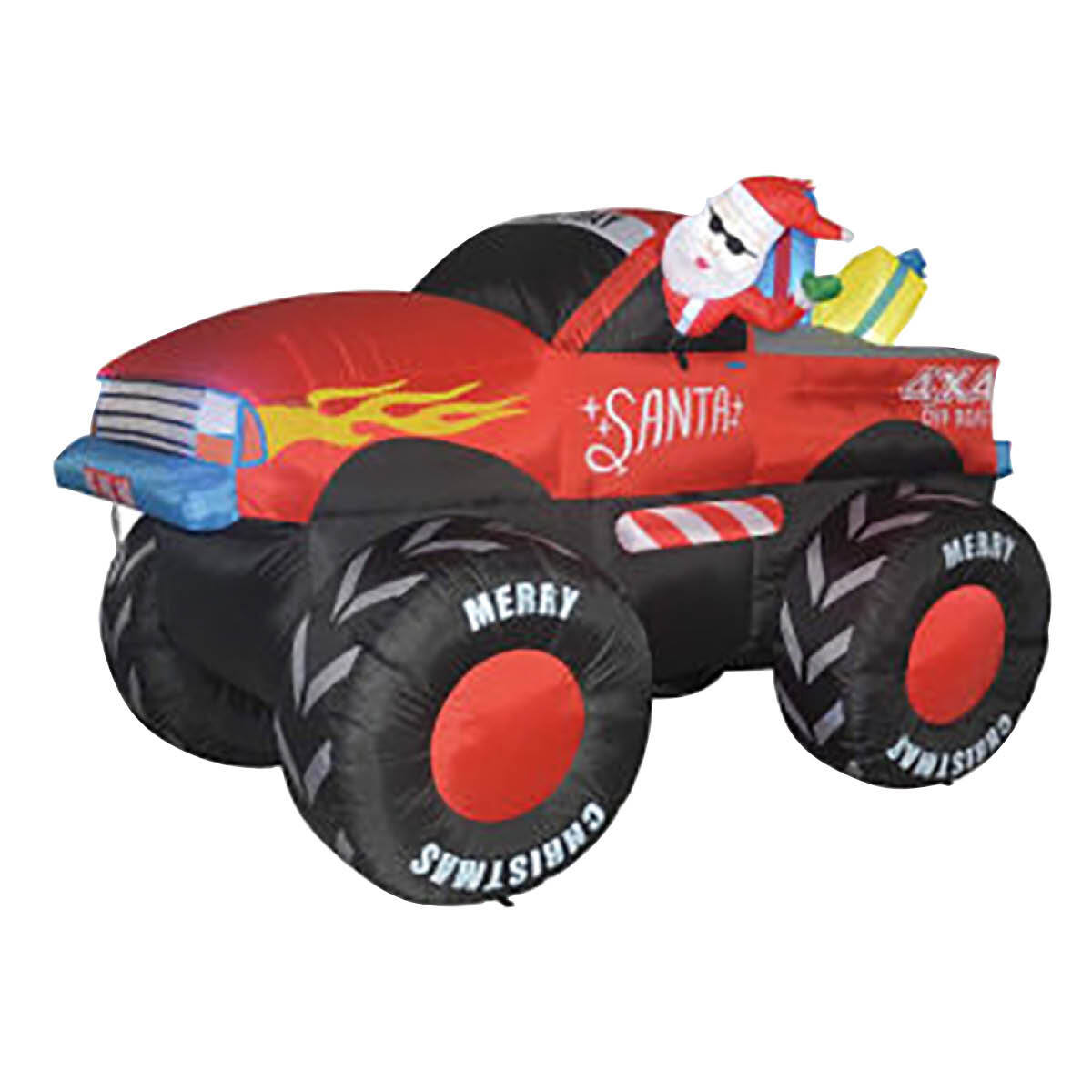 A vibrant inflatable Santa in a monster truck, illuminated with bright LED lights, perfect for outdoor Christmas decorations.
