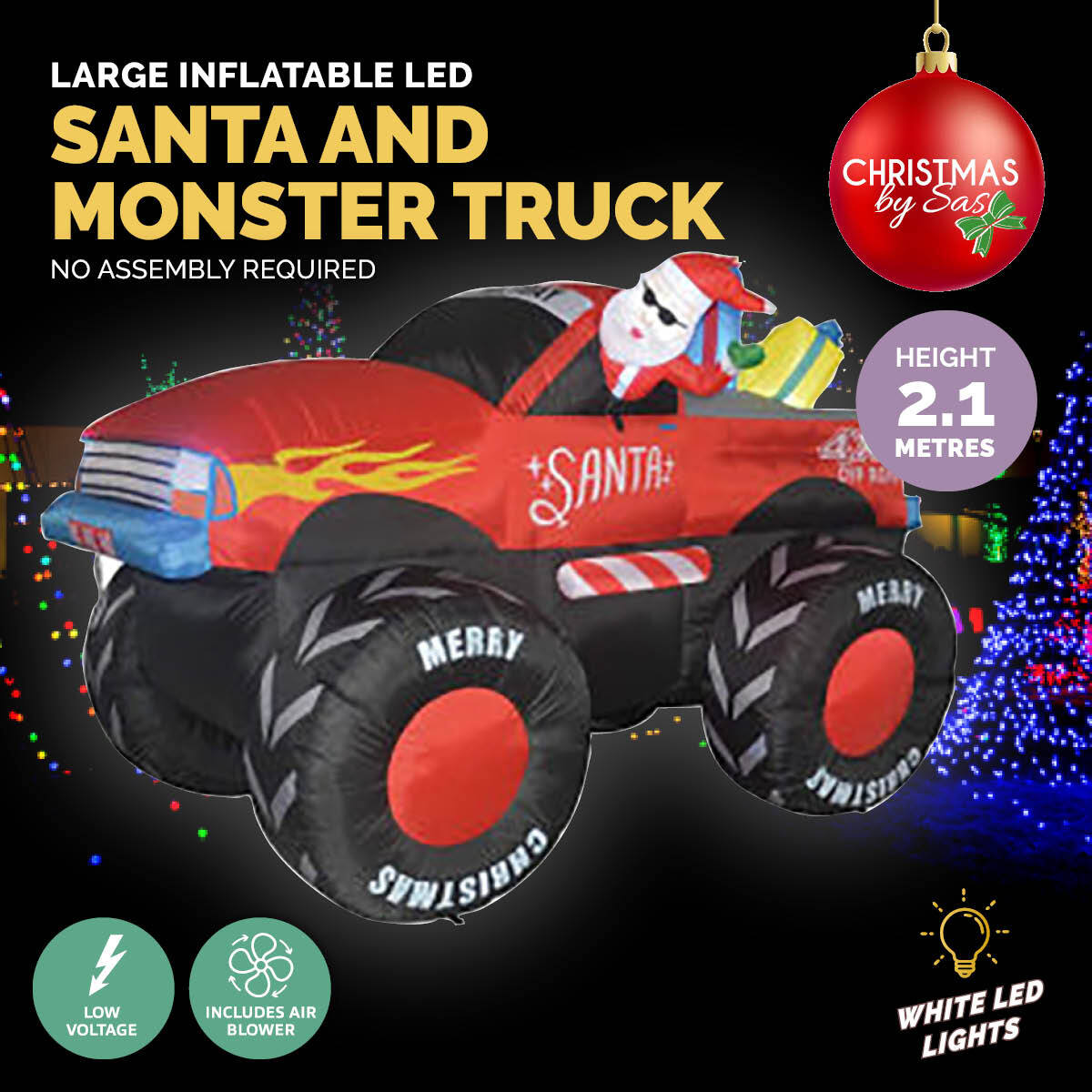 A vibrant inflatable Santa in a monster truck, illuminated with bright LED lights, perfect for outdoor Christmas decorations.