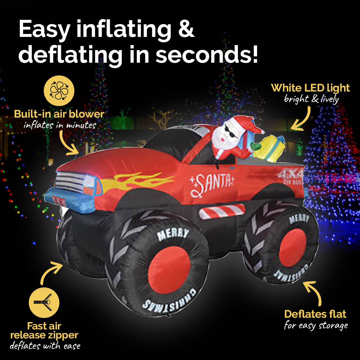 A vibrant inflatable Santa in a monster truck, illuminated with bright LED lights, perfect for outdoor Christmas decorations.