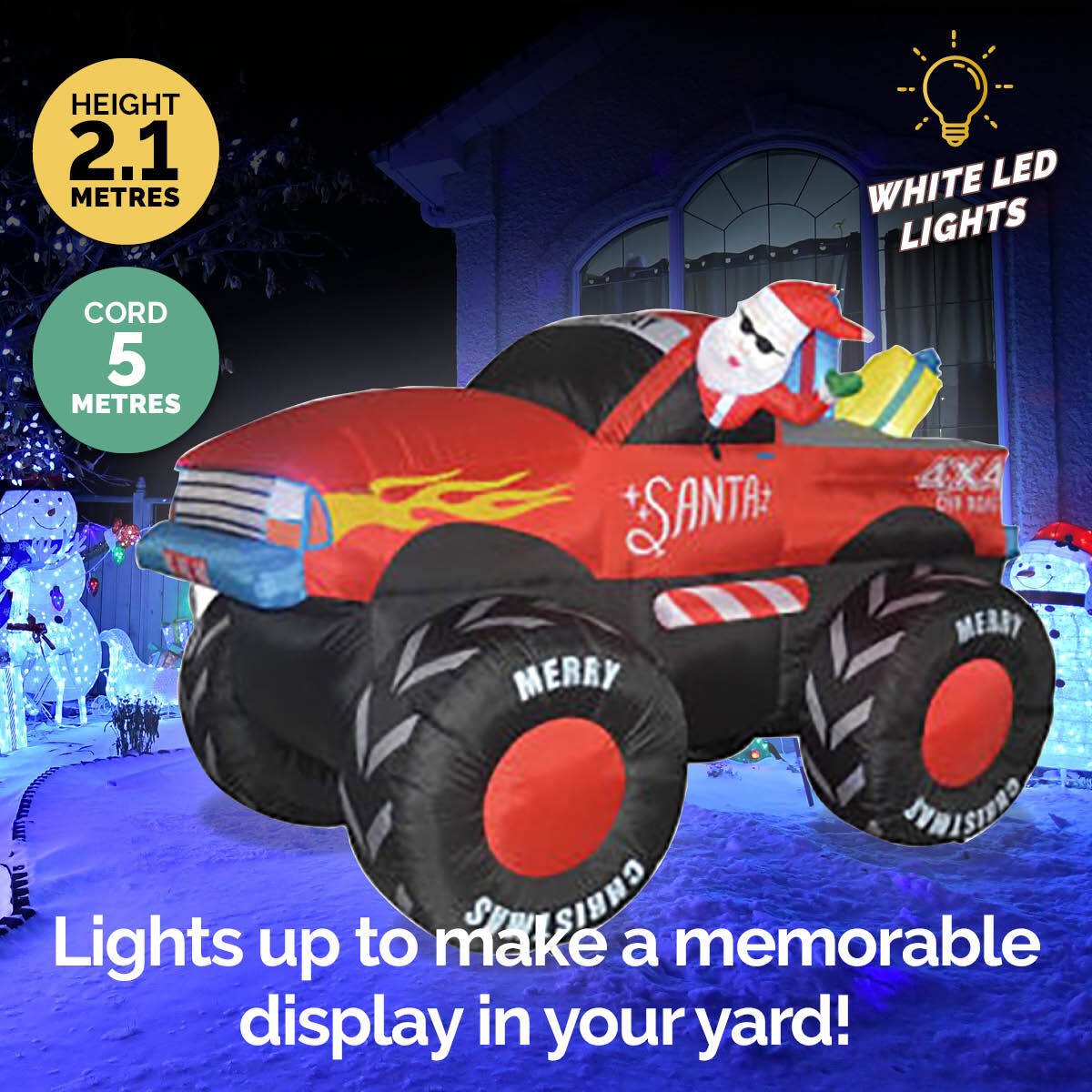 A vibrant inflatable Santa in a monster truck, illuminated with bright LED lights, perfect for outdoor Christmas decorations.