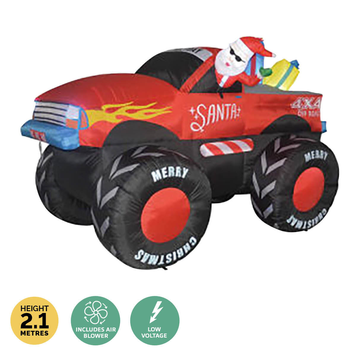 A vibrant inflatable Santa in a monster truck, illuminated with bright LED lights, perfect for outdoor Christmas decorations.
