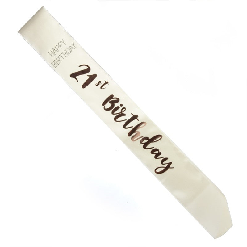 A stylish 21st birthday sash featuring rose gold lettering on a white background, perfect for celebrations.
