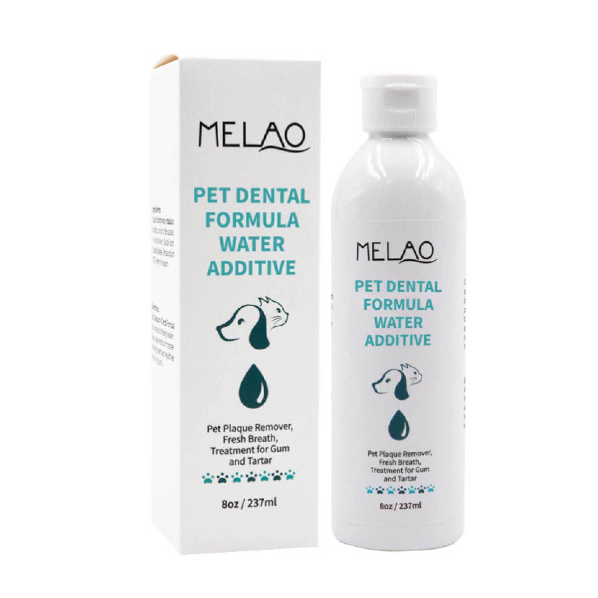 Melao Pet Dental Formula 237ml bottle for dogs and cats, designed to improve dental health by targeting plaque and tartar build-up.