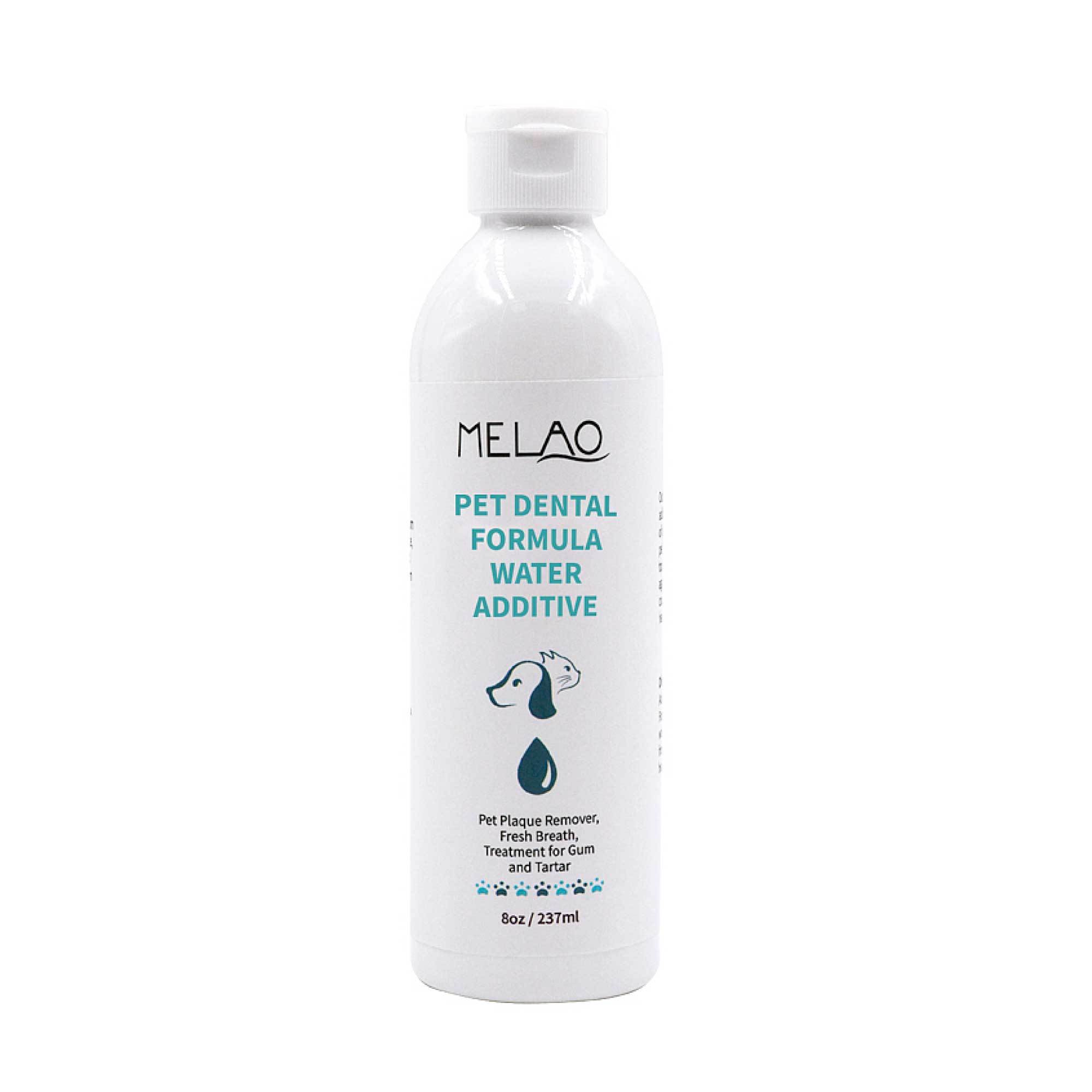 Melao Pet Dental Formula 237ml bottle for dogs and cats, designed to improve dental health by targeting plaque and tartar build-up.