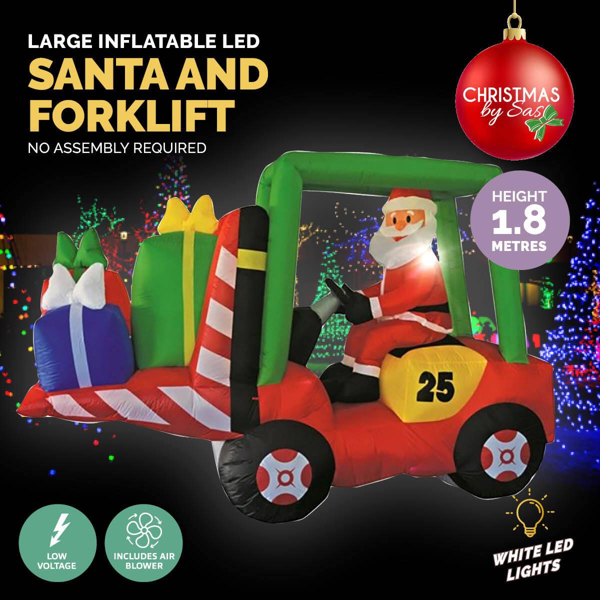 Inflatable Christmas decoration featuring Santa driving a forklift loaded with gifts, illuminated by bright LED lights.