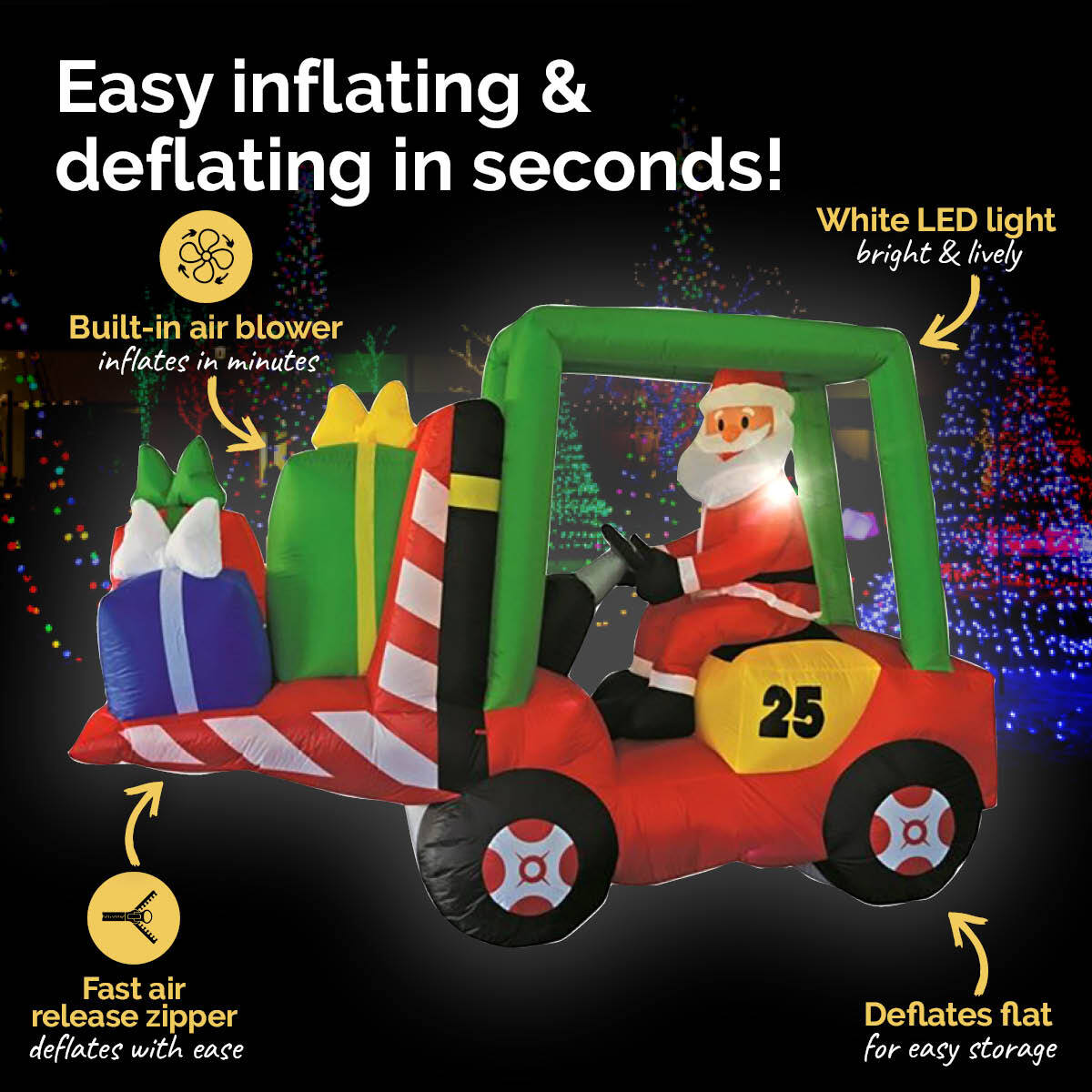 Inflatable Christmas decoration featuring Santa driving a forklift loaded with gifts, illuminated by bright LED lights.