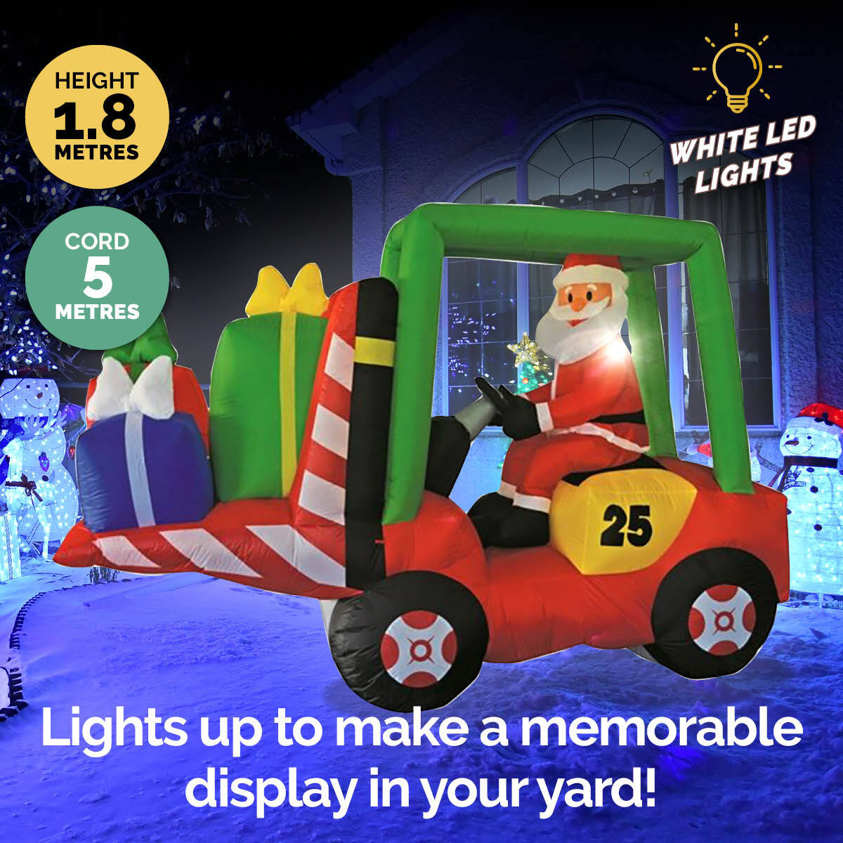 Inflatable Christmas decoration featuring Santa driving a forklift loaded with gifts, illuminated by bright LED lights.