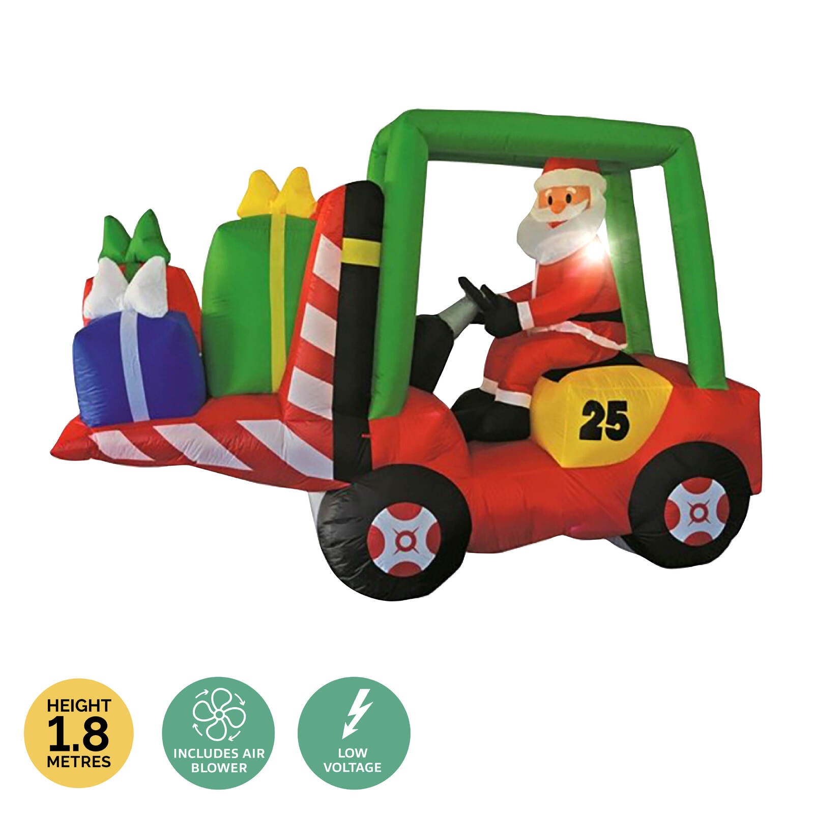 Inflatable Christmas decoration featuring Santa driving a forklift loaded with gifts, illuminated by bright LED lights.