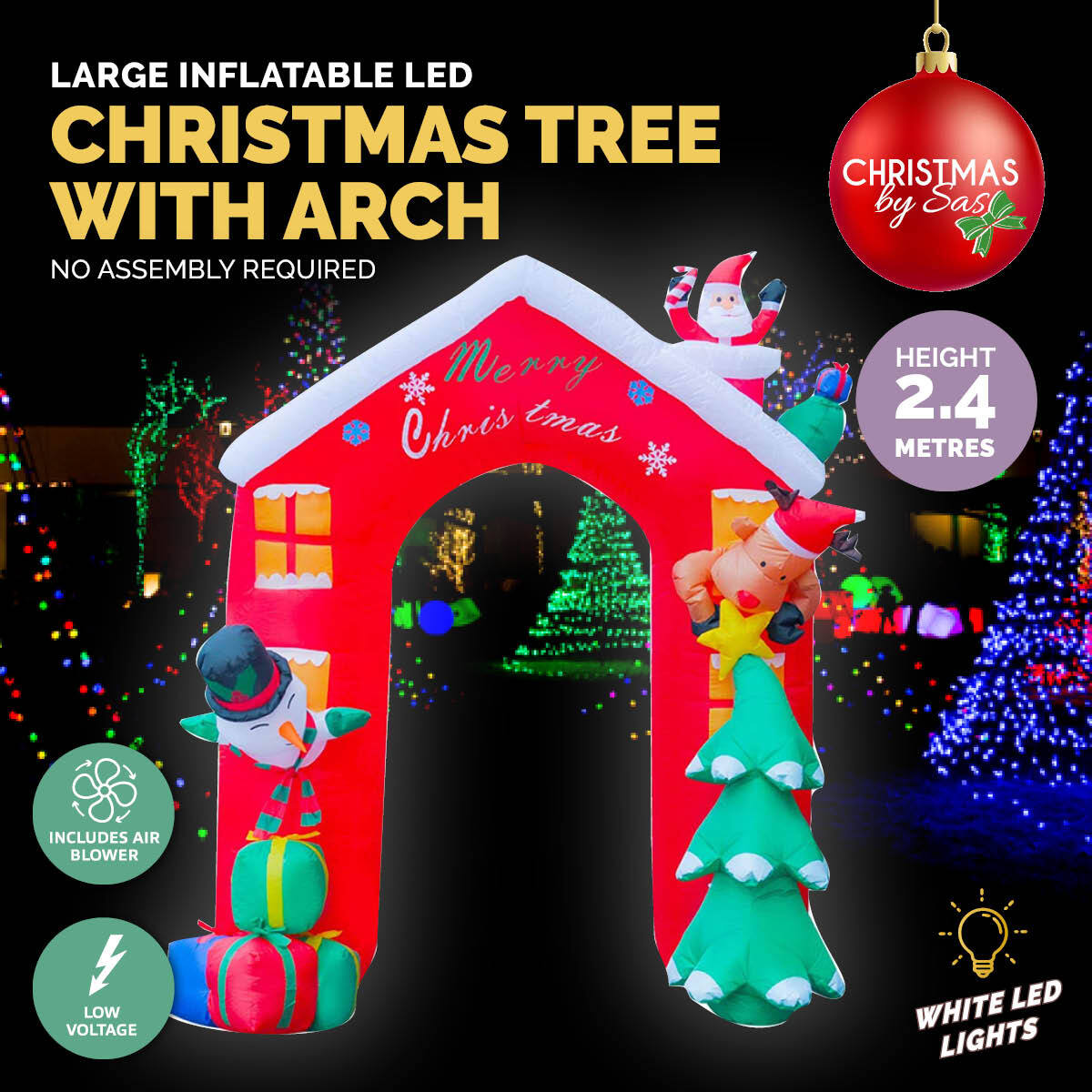 A vibrant 2.4m Christmas arch inflatable featuring Santa, Rudolph, a snowman, and a Christmas tree, illuminated with bright white LED lights.