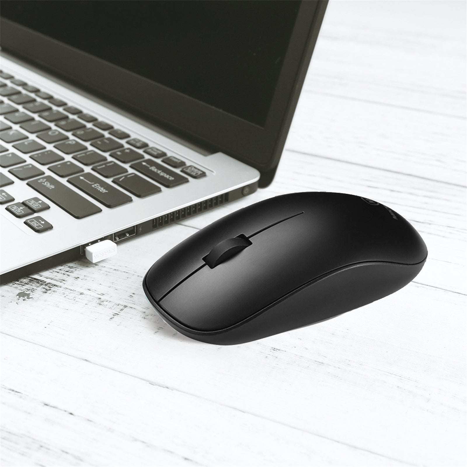 Black 2.4G Wireless Mouse with USB receiver, ergonomic design, and slim profile for comfortable use.