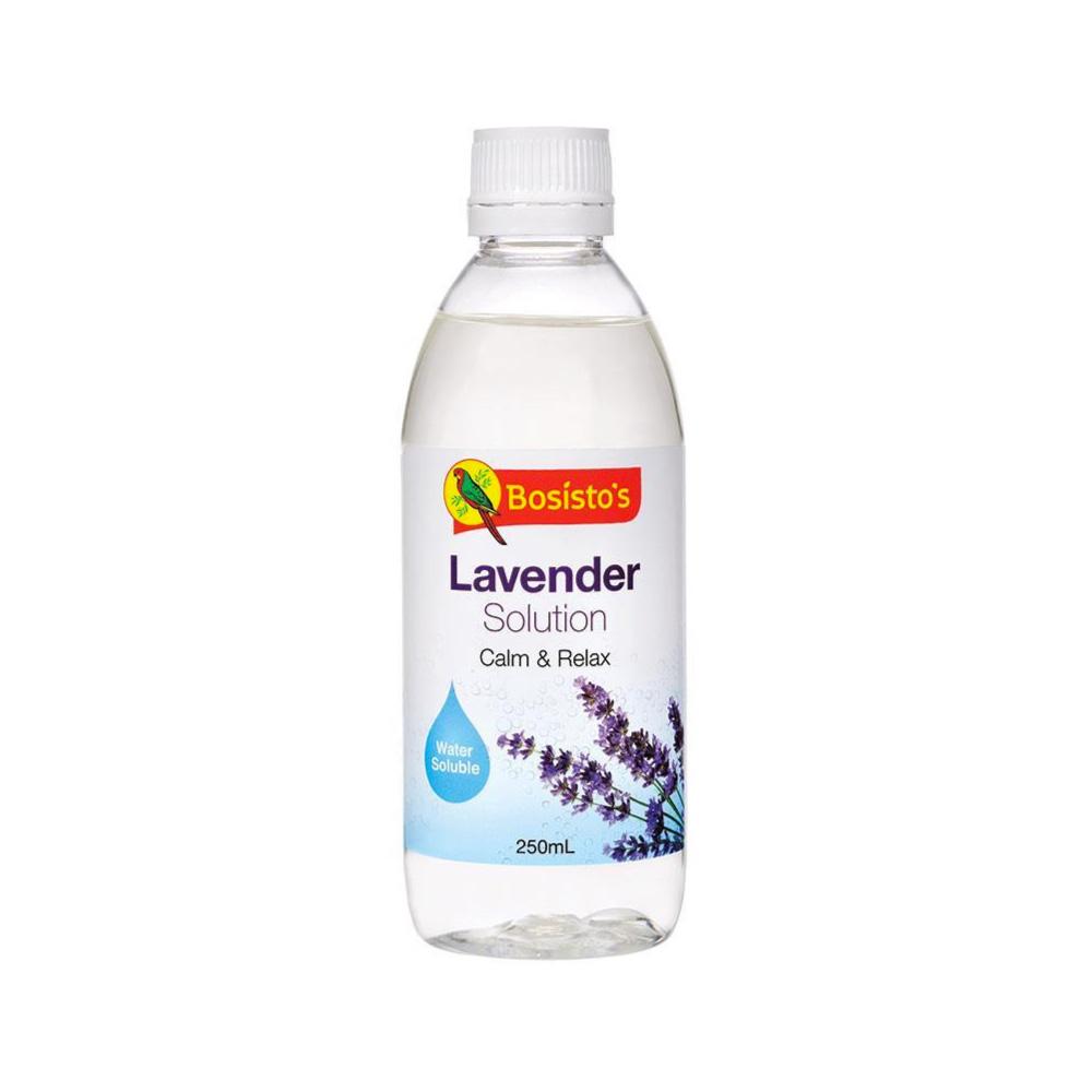 250ml bottle of Bosisto's Lavender Solution Essential Oil Blend, featuring a calming lavender color and label design.
