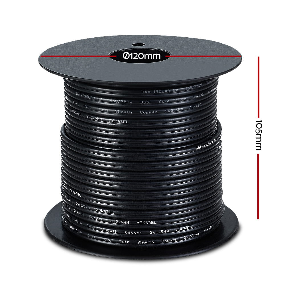 2.5MM twin core electrical cable with black PVC sheathing, ideal for solar panel and automotive applications.