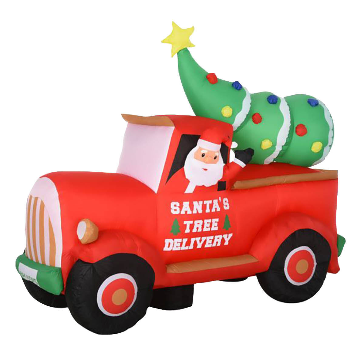 A colorful inflatable Santa driving a ute with a Christmas tree, illuminated by bright LED lights, perfect for outdoor holiday decorations.