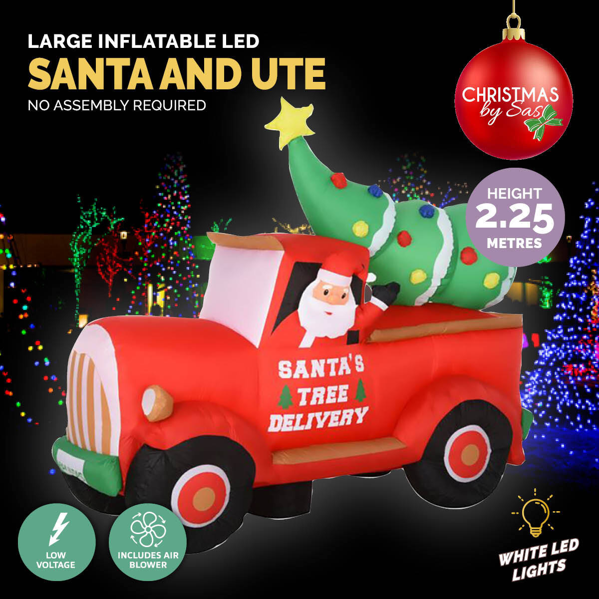 A colorful inflatable Santa driving a ute with a Christmas tree, illuminated by bright LED lights, perfect for outdoor holiday decorations.