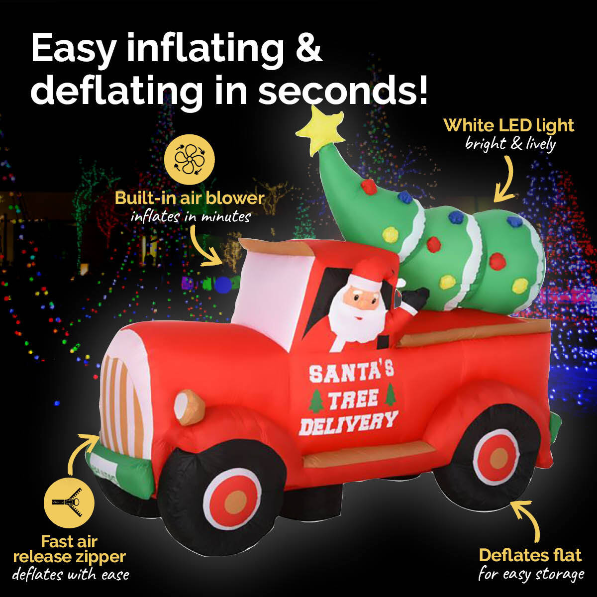 A colorful inflatable Santa driving a ute with a Christmas tree, illuminated by bright LED lights, perfect for outdoor holiday decorations.