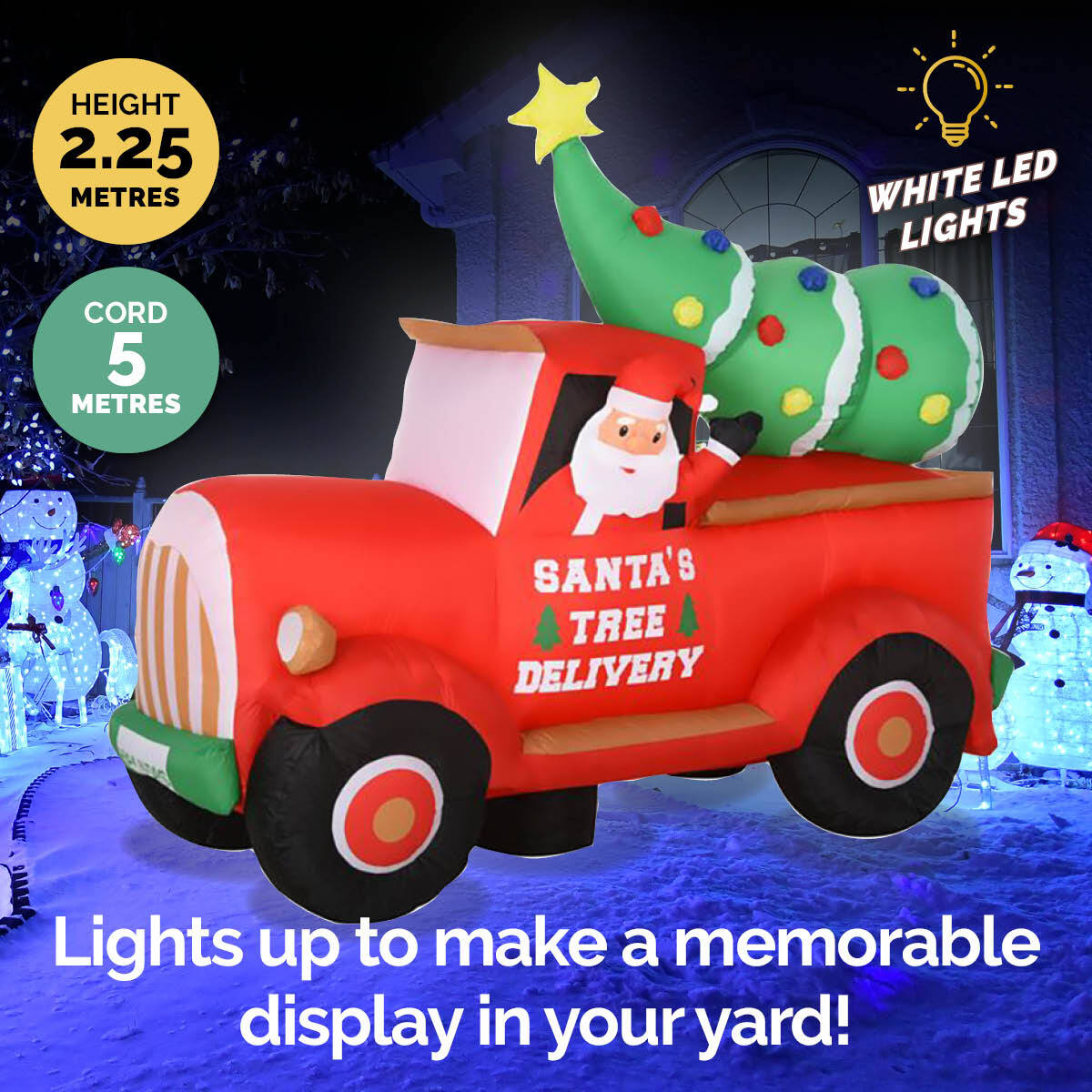 A colorful inflatable Santa driving a ute with a Christmas tree, illuminated by bright LED lights, perfect for outdoor holiday decorations.