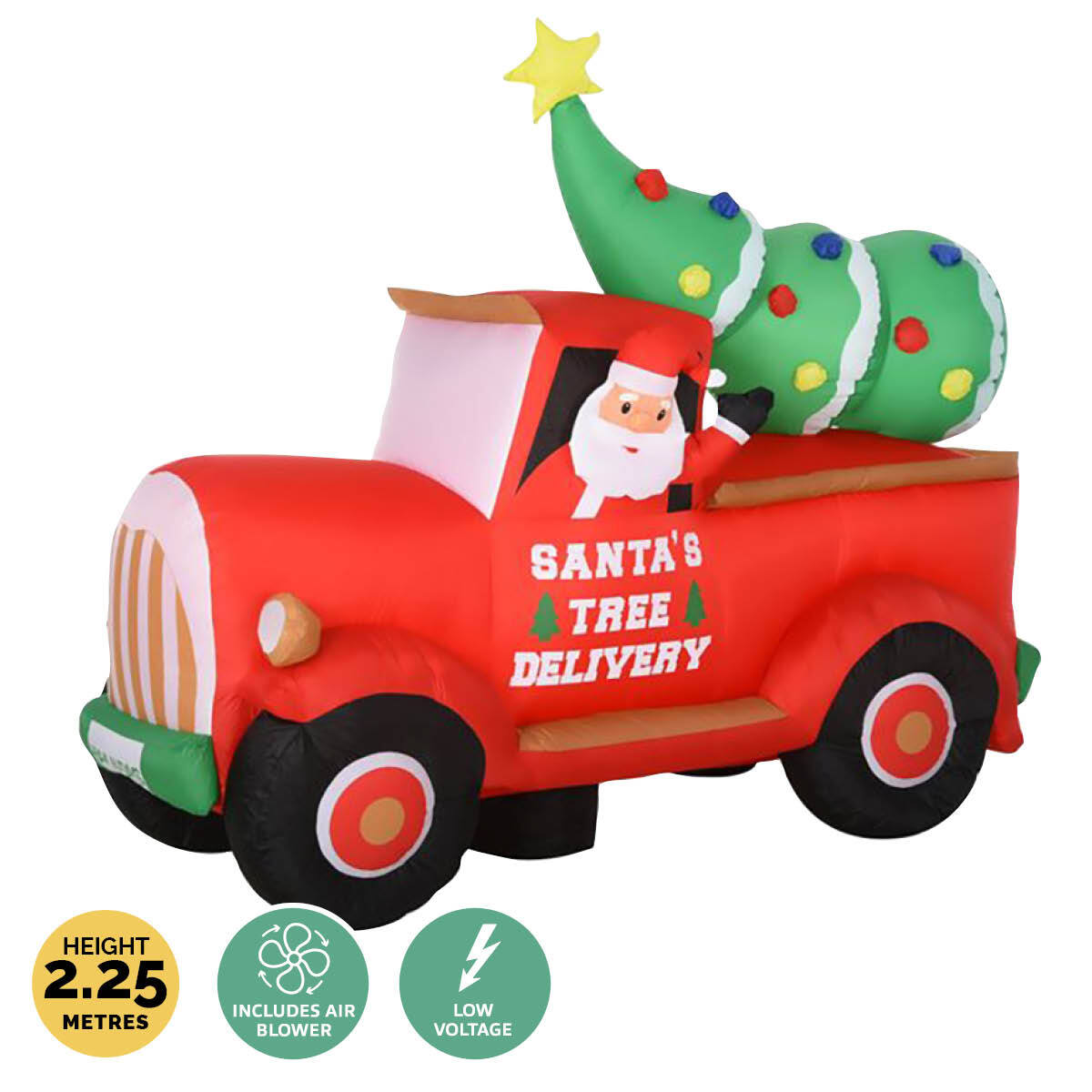 A colorful inflatable Santa driving a ute with a Christmas tree, illuminated by bright LED lights, perfect for outdoor holiday decorations.