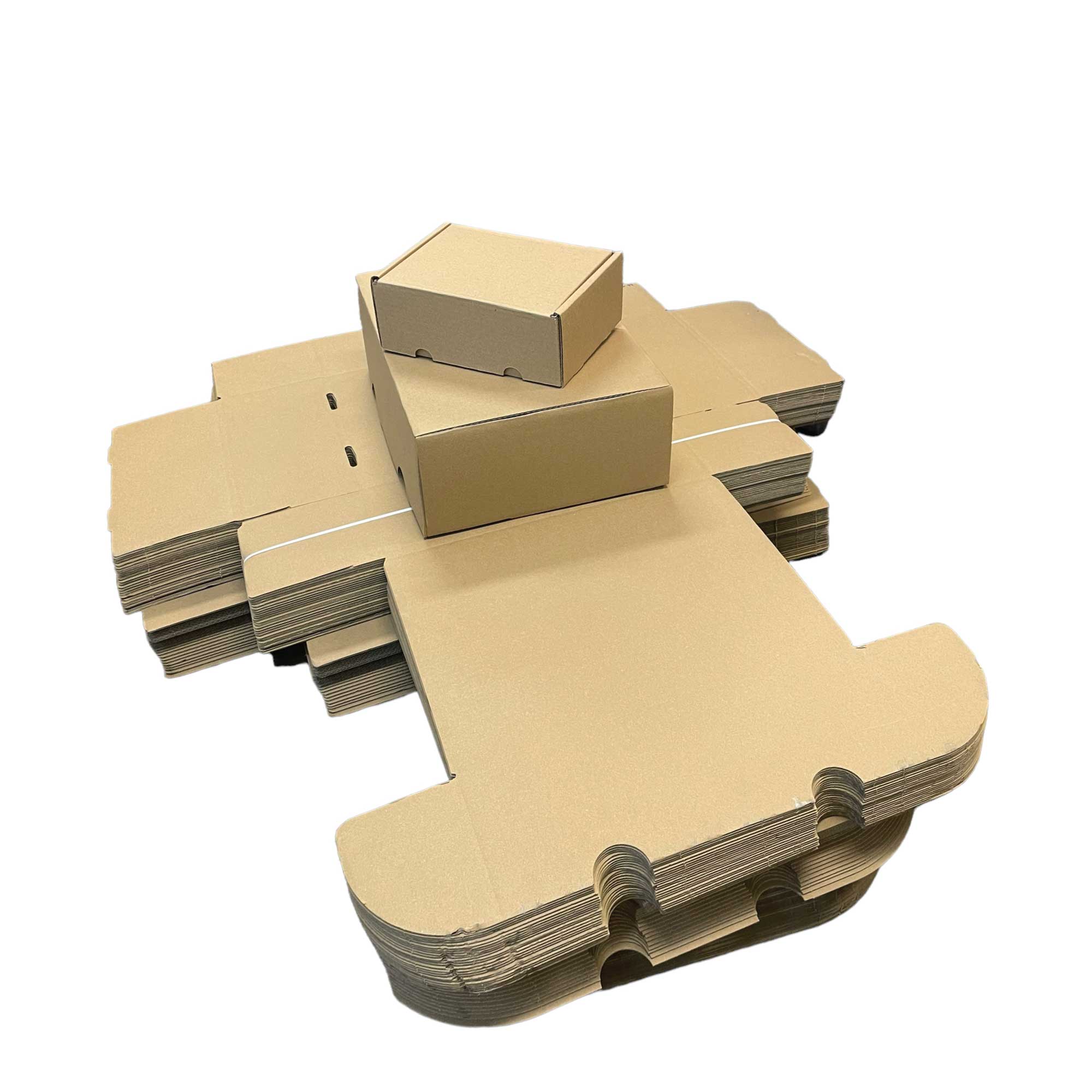 25x Die Cut Cardboard Boxes in kraft brown color, measuring 306x236x140mm, ideal for shipping and packaging.