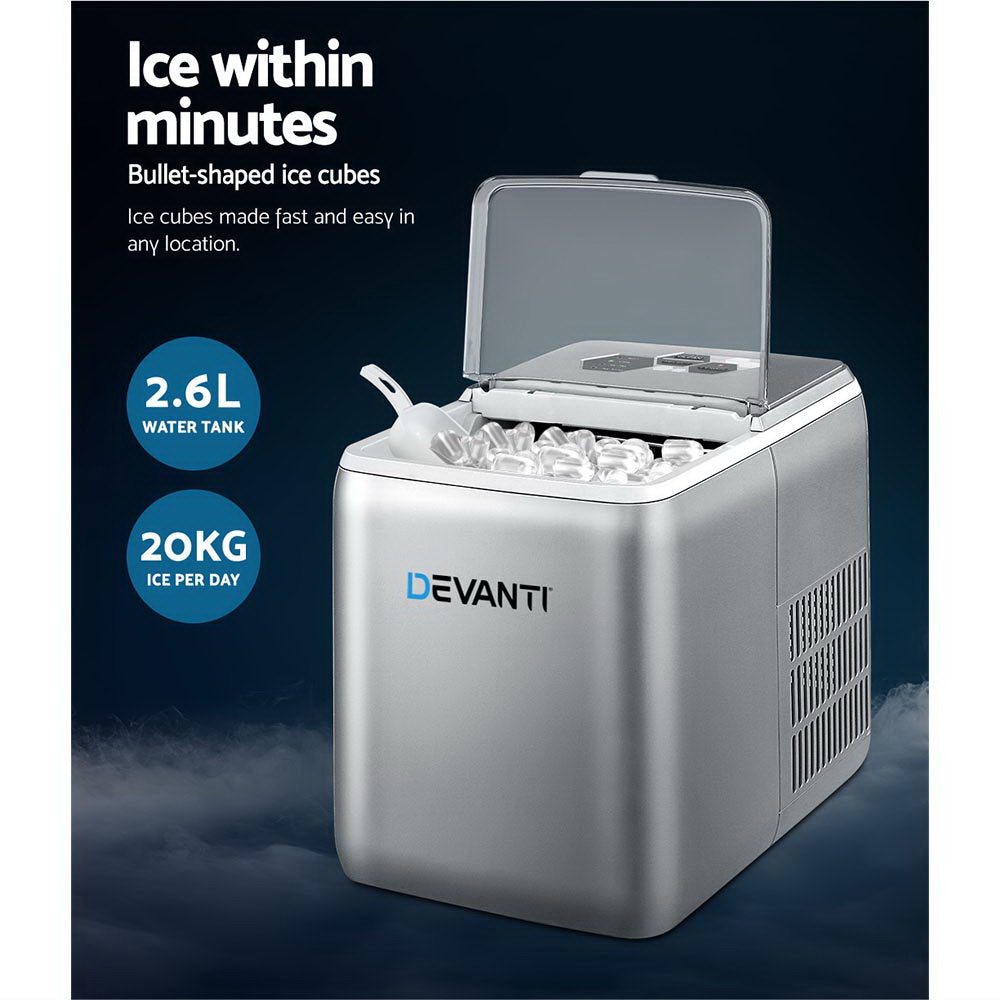 2.6L Portable Ice Maker Machine with control panel and transparent window, producing bullet-shaped ice cubes.