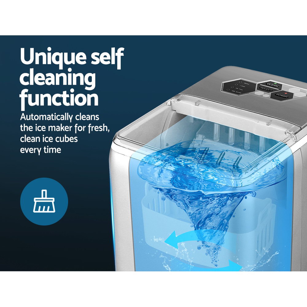 2.6L Portable Ice Maker Machine with control panel and transparent window, producing bullet-shaped ice cubes.