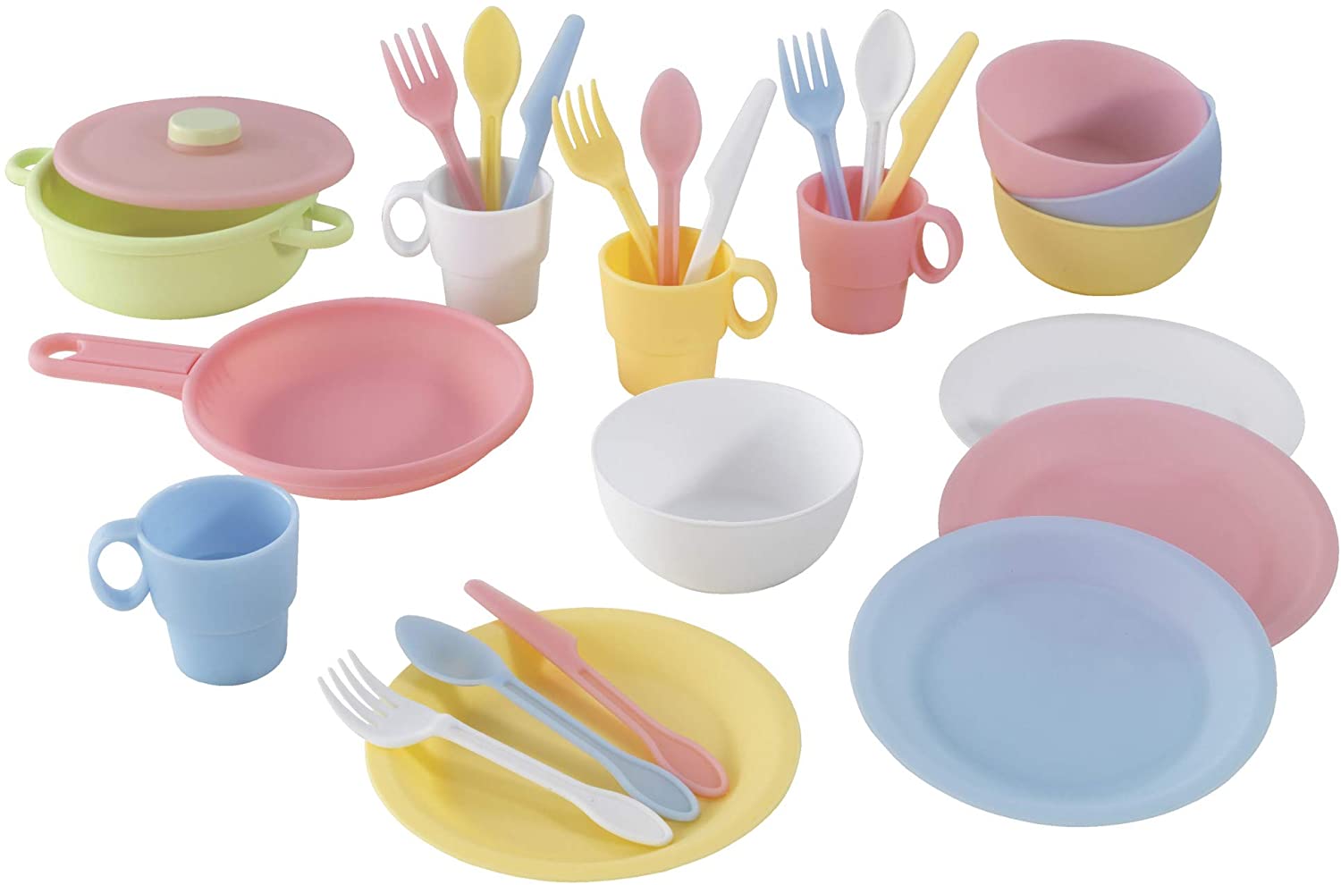 A colorful 27-piece pastel cookware set for kids, including pots, pans, cups, bowls, plates, and silverware, designed for imaginative play.