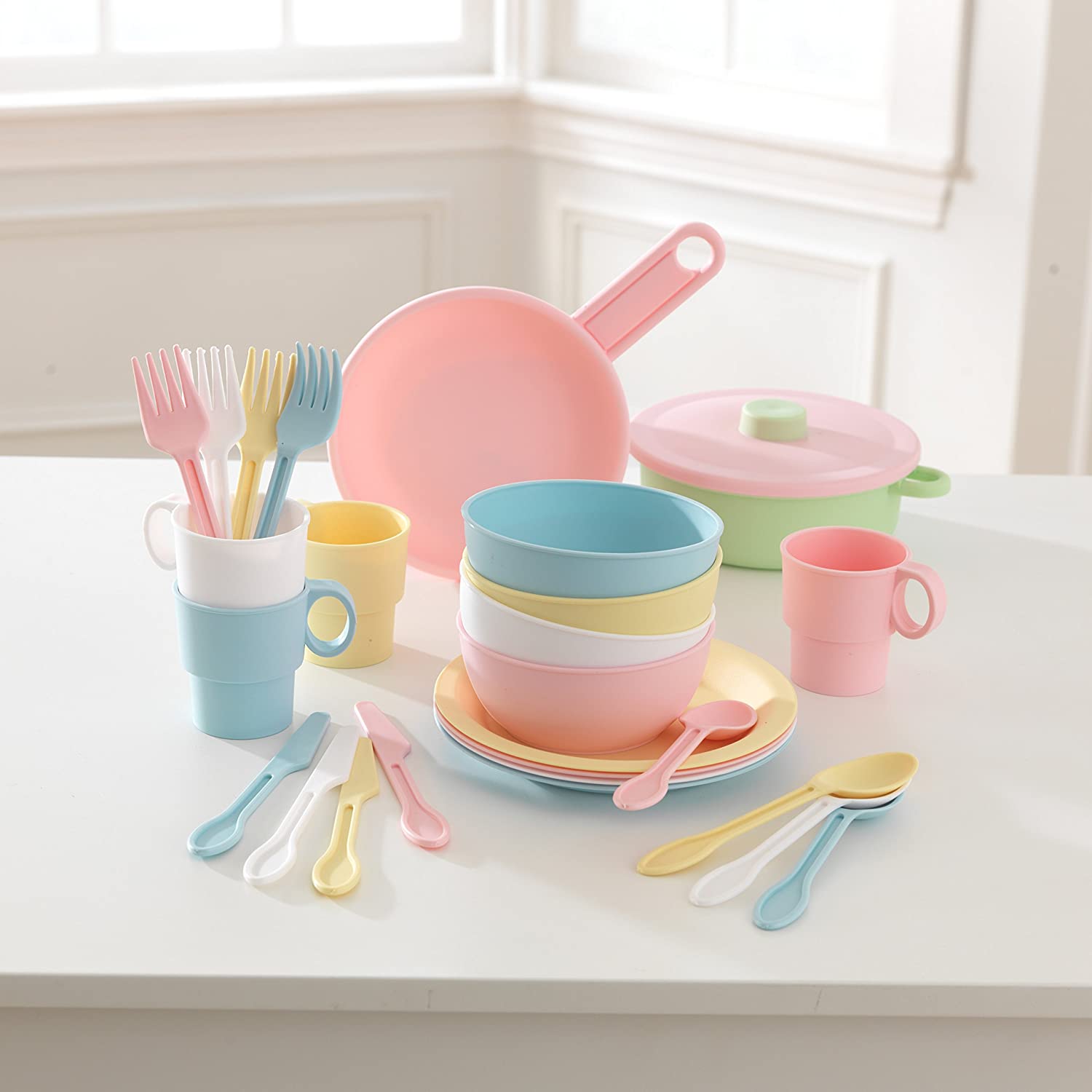 A colorful 27-piece pastel cookware set for kids, including pots, pans, cups, bowls, plates, and silverware, designed for imaginative play.