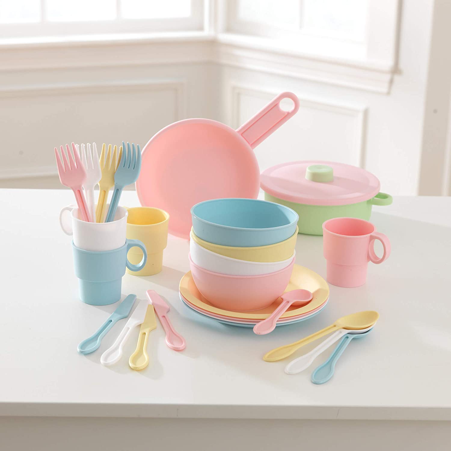 A colorful 27-piece pastel cookware set for kids, including pots, pans, cups, bowls, plates, and silverware, designed for imaginative play.