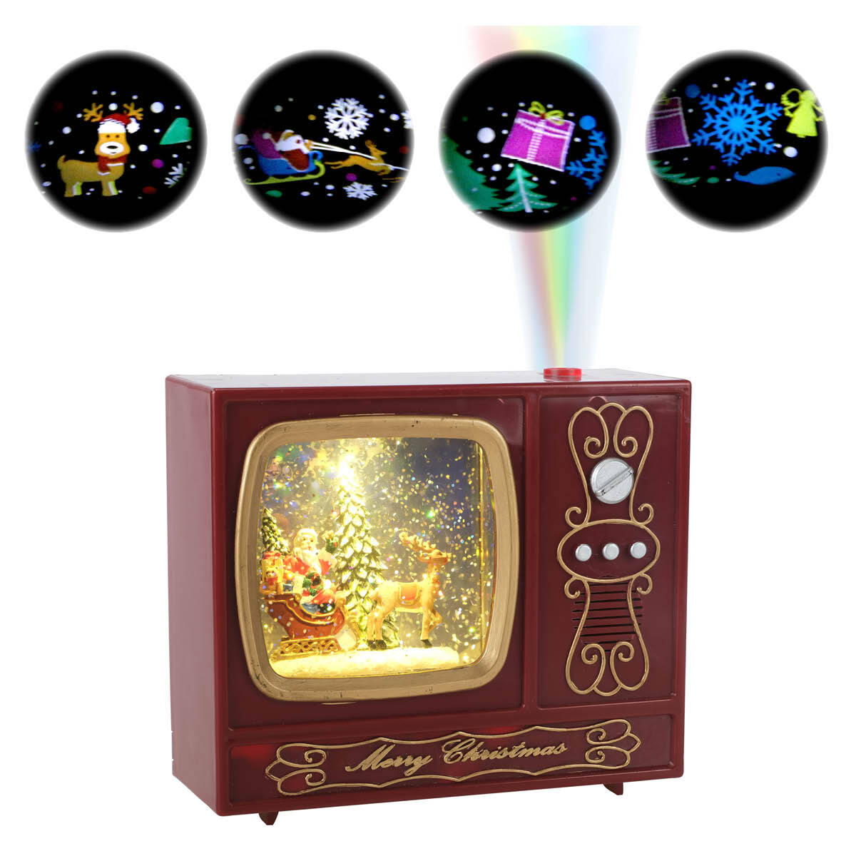 A vintage radio-style snow globe featuring Santa, a Christmas tree, and reindeer, with glitter effects and warm white lighting, alongside a projector displaying Christmas images.
