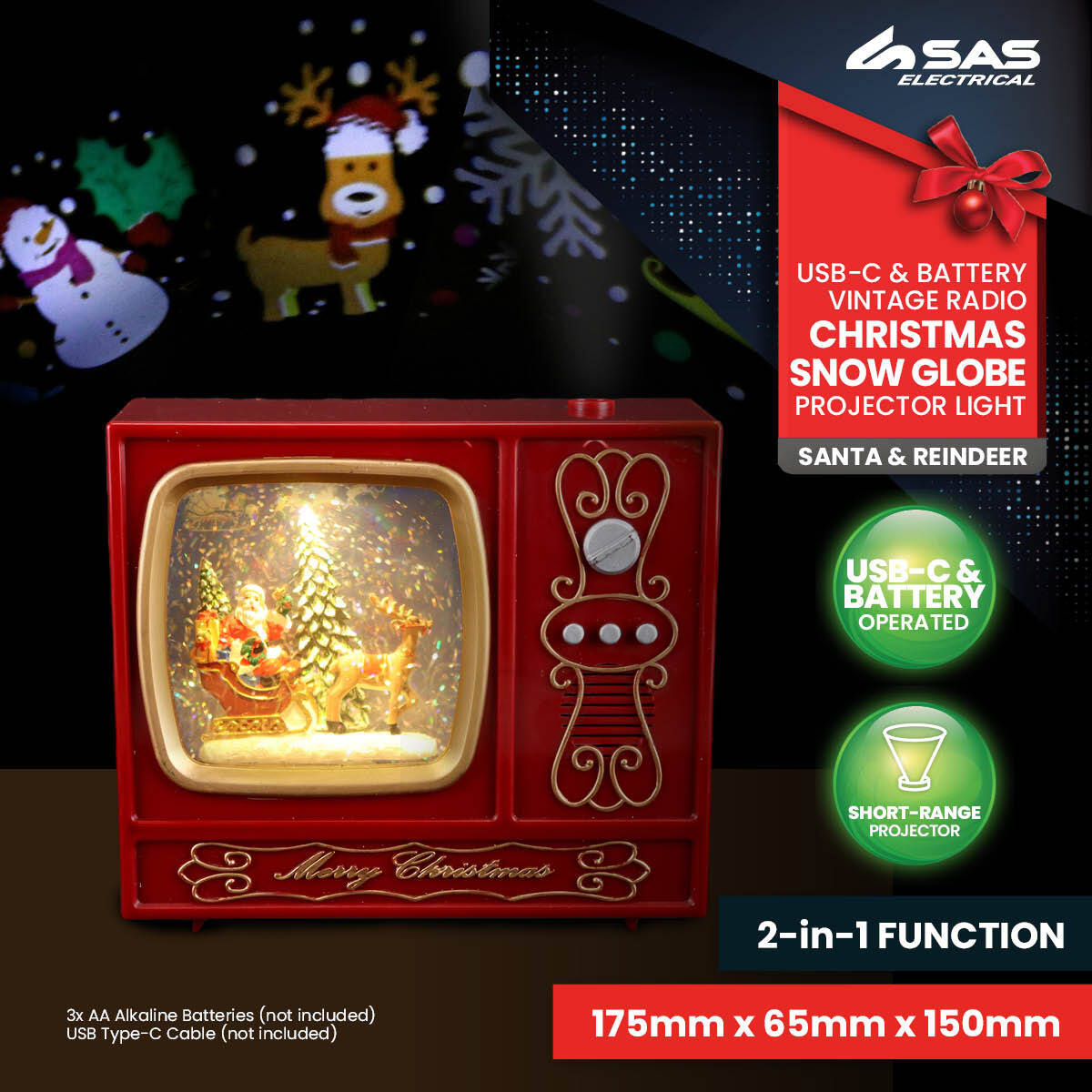 A vintage radio-style snow globe featuring Santa, a Christmas tree, and reindeer, with glitter effects and warm white lighting, alongside a projector displaying Christmas images.