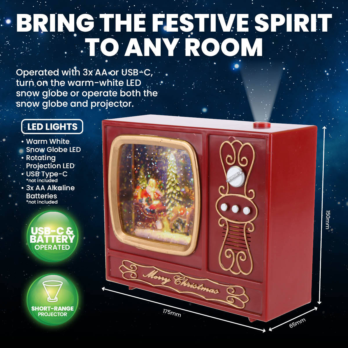 A vintage radio-style snow globe featuring Santa, a Christmas tree, and reindeer, with glitter effects and warm white lighting, alongside a projector displaying Christmas images.