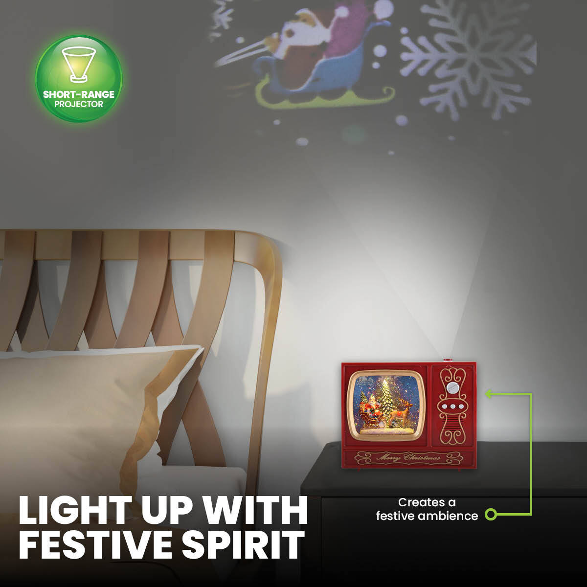 A vintage radio-style snow globe featuring Santa, a Christmas tree, and reindeer, with glitter effects and warm white lighting, alongside a projector displaying Christmas images.