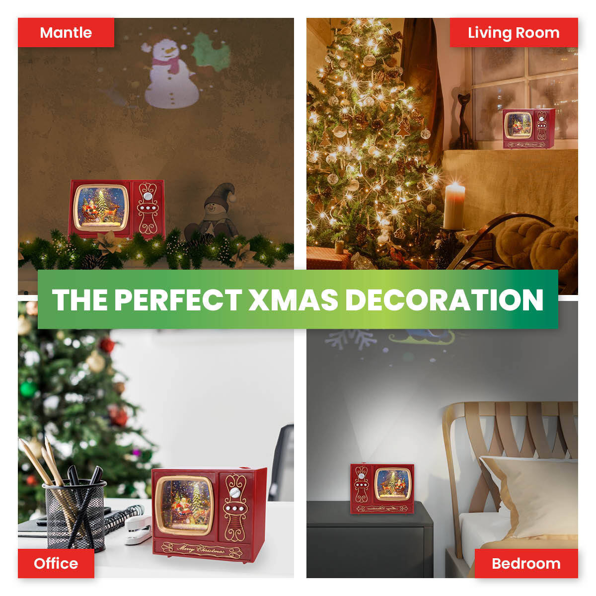 A vintage radio-style snow globe featuring Santa, a Christmas tree, and reindeer, with glitter effects and warm white lighting, alongside a projector displaying Christmas images.