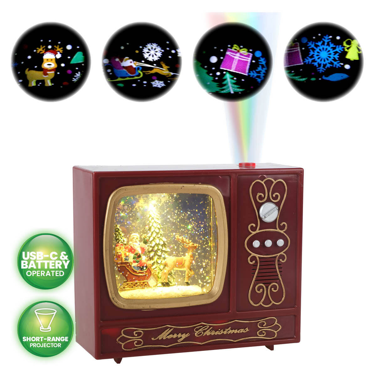 A vintage radio-style snow globe featuring Santa, a Christmas tree, and reindeer, with glitter effects and warm white lighting, alongside a projector displaying Christmas images.