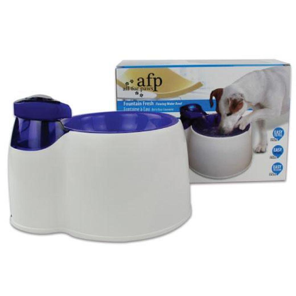 2L Fountain Fresh Pet Water Filter Bowl in blue and white, designed for dogs and cats, featuring a continuous water flow and a washable filter.