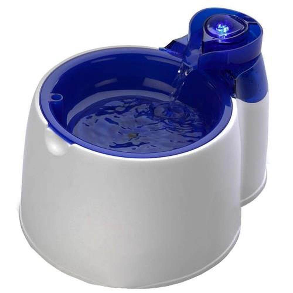 2L Fountain Fresh Pet Water Filter Bowl in blue and white, designed for dogs and cats, featuring a continuous water flow and a washable filter.
